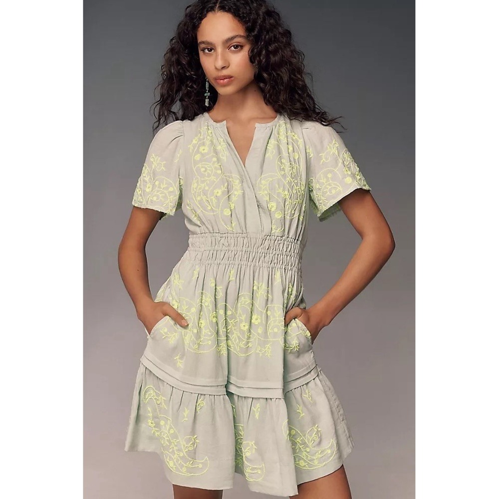 Anthropologie Mint Green Summer Floral Embroidered Mini Dress SP Cottage Core